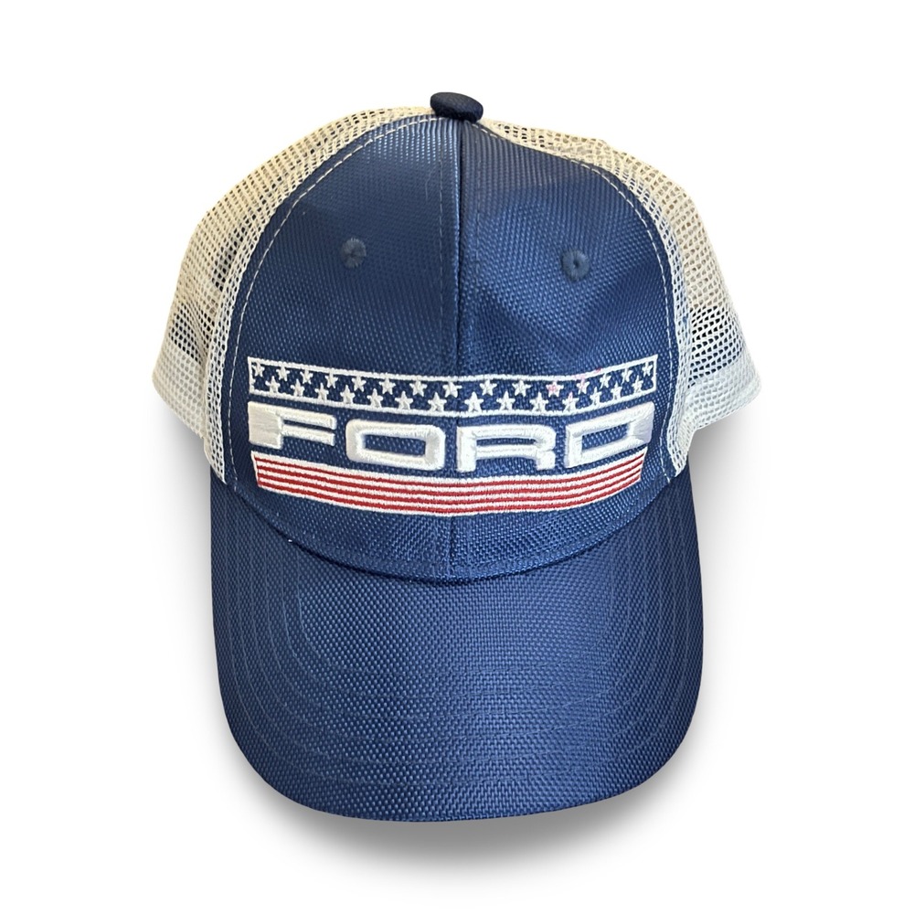 FORD Trucker Cap Hat Blue White Mesh 6 Panel Snapback American Flag Baseball